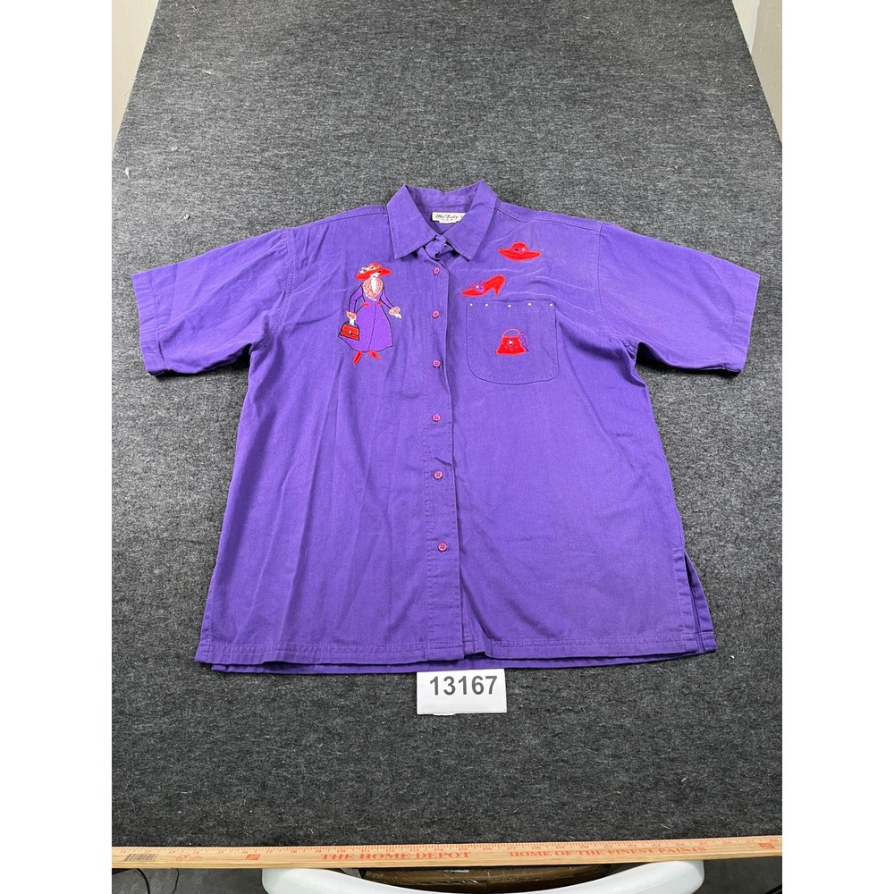 Get Lucky Shirt Womens XL Purple Cotton Embroidered Novelty Casual Button Up